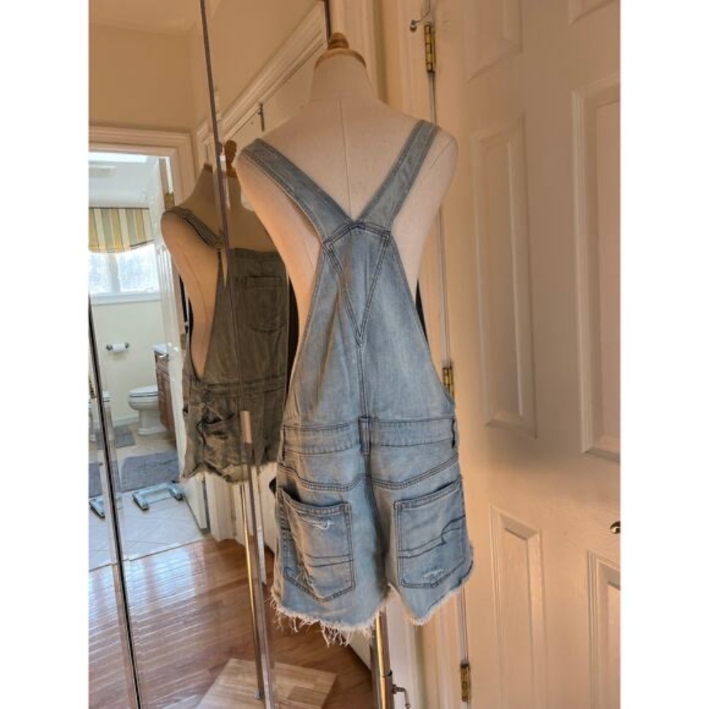 American Eagle Light Wash Floral Embroidered Short Overalls - Picture 4 of 9